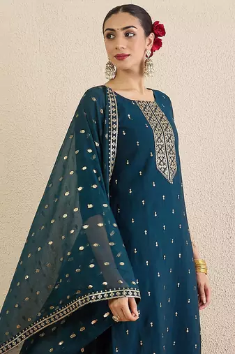 Women Solid Embroidered Kurta with Palazzo & Dupatta
