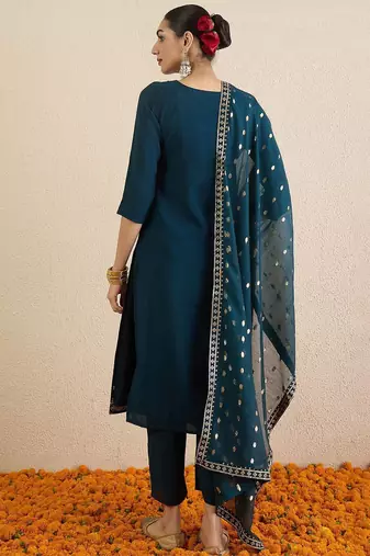 Women Solid Embroidered Kurta with Palazzo & Dupatta