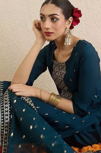 Women Solid Embroidered Kurta with Palazzo & Dupatta