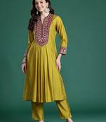 Women Ethnic Motifs Embroidered Pleated Mirror Work Kurta with Trousers
