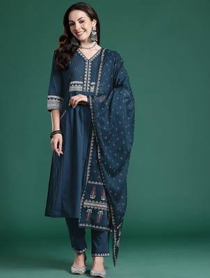 Ethnic Motifs Printed Sequinned  Cotton Kurta with Trousers & With Dupatta 1