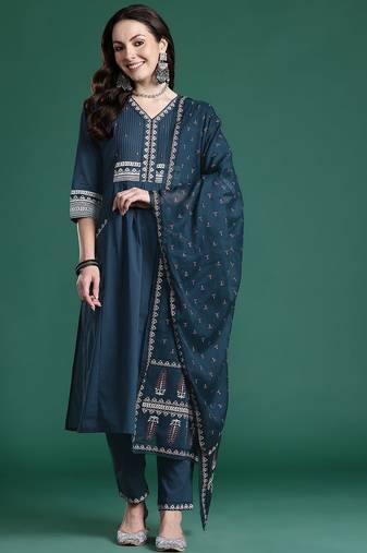 Ethnic Motifs Printed Sequinned  Cotton Kurta with Trousers & With Dupatta