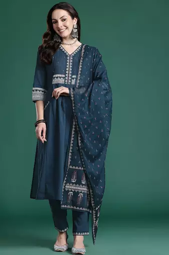Ethnic Motifs Printed Sequinned Pure Cotton Kurta with Trousers & With Dupatta