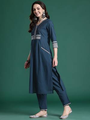 Ethnic Motifs Printed Sequinned  Cotton Kurta with Trousers & With Dupatta 5
