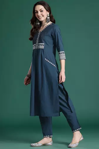 Ethnic Motifs Printed Sequinned Pure Cotton Kurta with Trousers & With Dupatta
