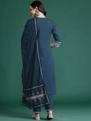 Ethnic Motifs Printed Sequinned  Cotton Kurta with Trousers & With Dupatta 6