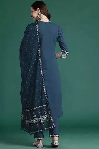 Ethnic Motifs Printed Sequinned Pure Cotton Kurta with Trousers & With Dupatta