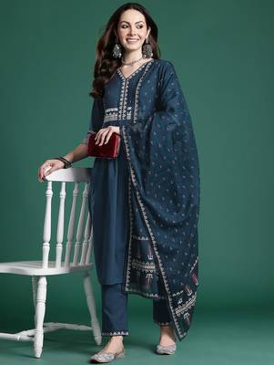 Ethnic Motifs Printed Sequinned  Cotton Kurta with Trousers & With Dupatta 7