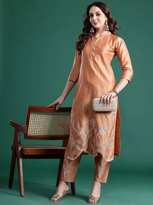 Floral Embroidered Thread Work Pure Cotton Kurta with Trousers 1