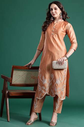 Floral Embroidered Thread Work  Cotton Kurta with Trousers