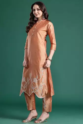 Floral Embroidered Thread Work Pure Cotton Kurta with Trousers