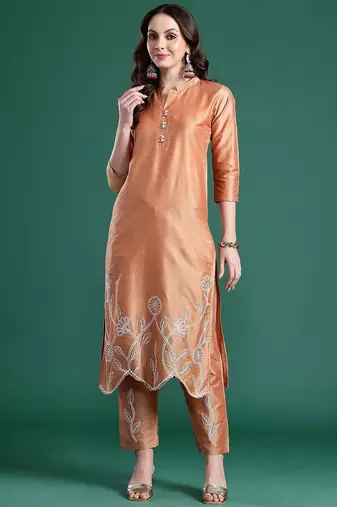Floral Embroidered Thread Work Pure Cotton Kurta with Trousers