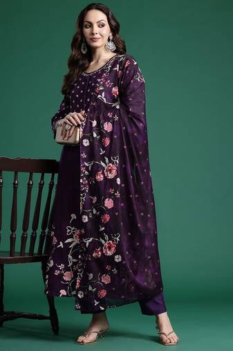 Floral Printed  Cotton Kurta with Trousers & Dupatta