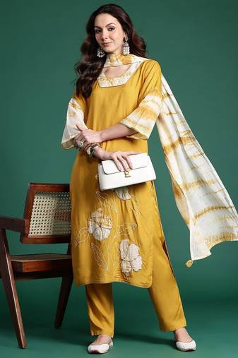 Floral Embroidered Kurta with Trousers & Dupatta