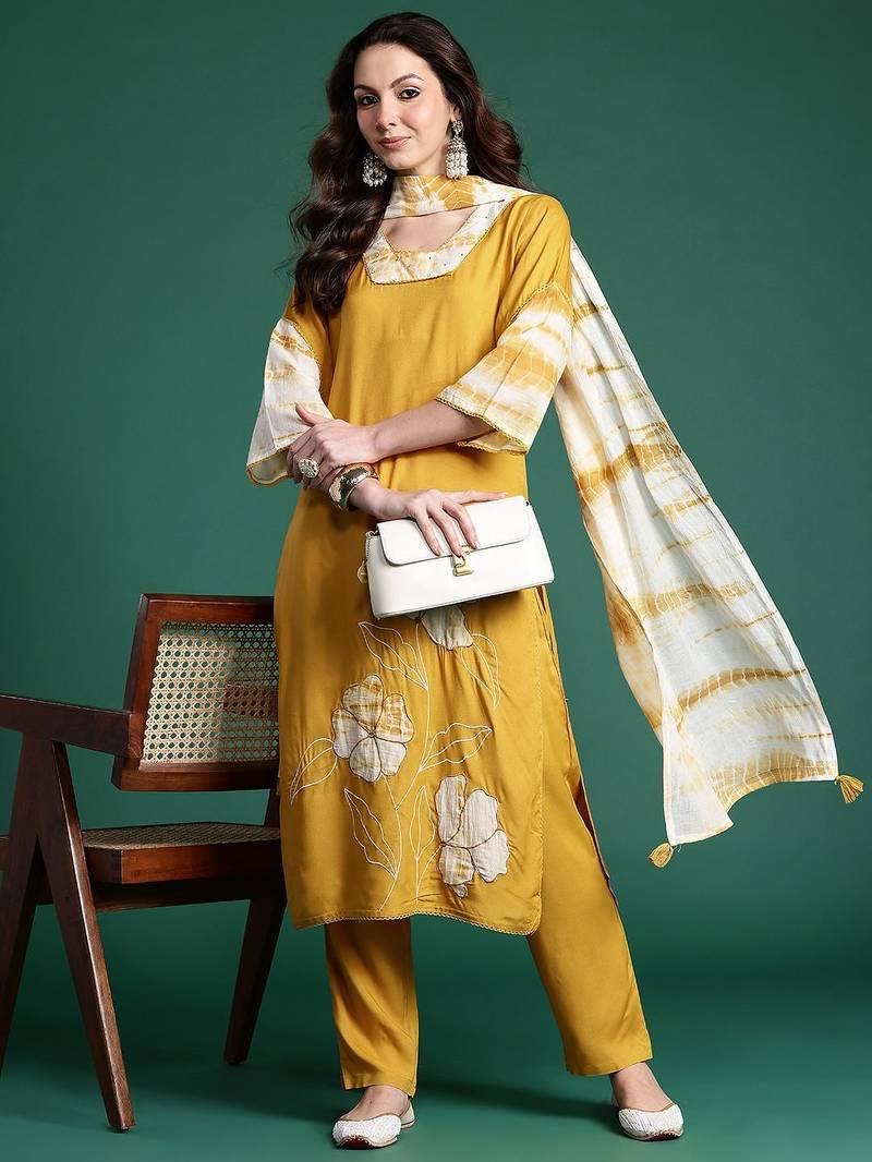 Floral Embroidered Kurta with Trousers & Dupatta