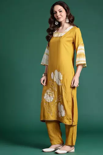 Floral Embroidered Kurta with Trousers & Dupatta