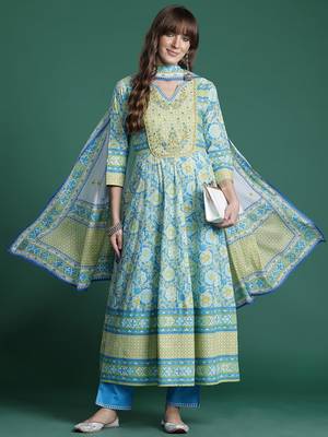 Floral Embroidered Pleated Mirror Work Pure Cotton Kurta With Trousers & Dupatta 1