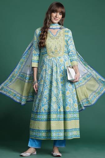 Floral Embroidered Pleated Mirror Work  Cotton Kurta With Trousers & Dupatta