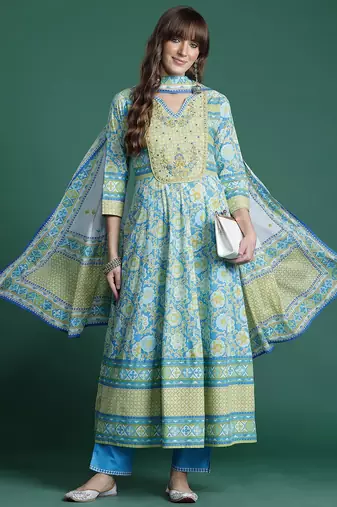 Floral Embroidered Pleated Mirror Work Pure Cotton Kurta With Trousers & Dupatta