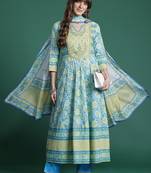 Floral Embroidered Pleated Mirror Work Pure Cotton Kurta With Trousers & Dupatta