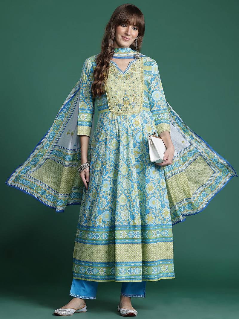 Floral Embroidered Pleated Mirror Work Pure Cotton Kurta With Trousers & Dupatta