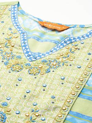 Floral Embroidered Pleated Mirror Work Pure Cotton Kurta With Trousers & Dupatta 2