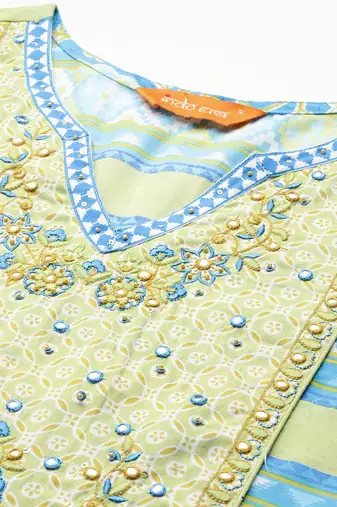 Floral Embroidered Pleated Mirror Work Pure Cotton Kurta With Trousers & Dupatta