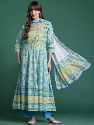 Floral Embroidered Pleated Mirror Work Pure Cotton Kurta With Trousers & Dupatta 5