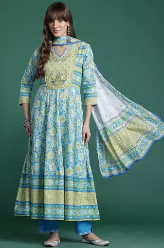 Floral Embroidered Pleated Mirror Work Pure Cotton Kurta With Trousers & Dupatta