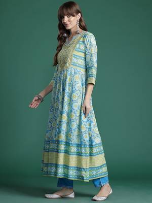 Floral Embroidered Pleated Mirror Work Pure Cotton Kurta With Trousers & Dupatta 6