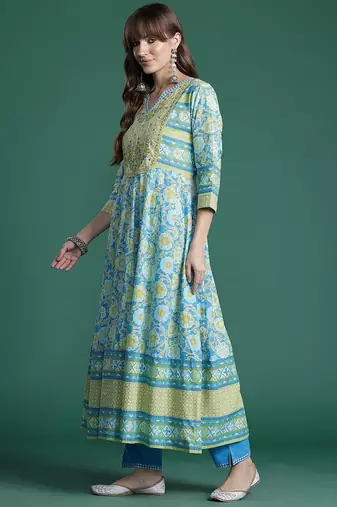 Floral Embroidered Pleated Mirror Work Pure Cotton Kurta With Trousers & Dupatta