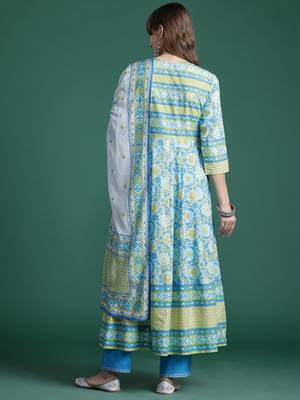 Floral Embroidered Pleated Mirror Work Pure Cotton Kurta With Trousers & Dupatta 7