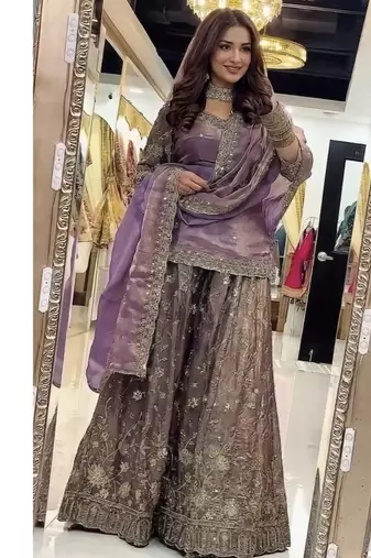 Purple embroidery Blend Tissue sharara 