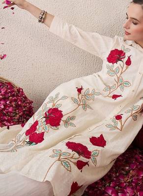 Floral Embroidered Shirt Collar Thread Work Pure Cotton A-Line Kurta With Trouser 2
