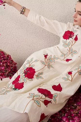 Floral Embroidered Shirt Collar Thread Work Pure Cotton A-Line Kurta With Trouser