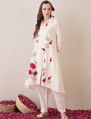 Floral Embroidered Shirt Collar Thread Work Pure Cotton A-Line Kurta With Trouser 1