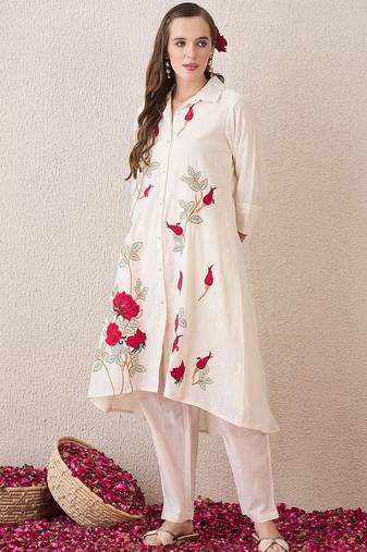 Floral Embroidered Shirt Collar Thread Work  Cotton A-Line Kurta With Trouser