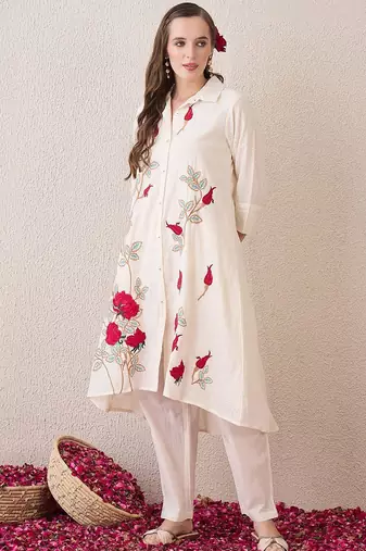Floral Embroidered Shirt Collar Thread Work Pure Cotton A-Line Kurta With Trouser