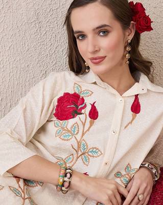 Floral Embroidered Shirt Collar Thread Work Pure Cotton A-Line Kurta With Trouser 3