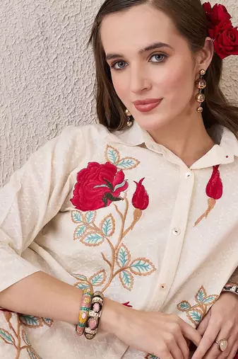 Floral Embroidered Shirt Collar Thread Work Pure Cotton A-Line Kurta With Trouser