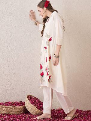 Floral Embroidered Shirt Collar Thread Work Pure Cotton A-Line Kurta With Trouser 4