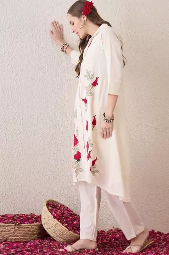 Floral Embroidered Shirt Collar Thread Work Pure Cotton A-Line Kurta With Trouser