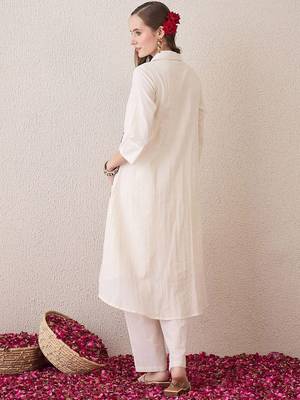Floral Embroidered Shirt Collar Thread Work Pure Cotton A-Line Kurta With Trouser 5