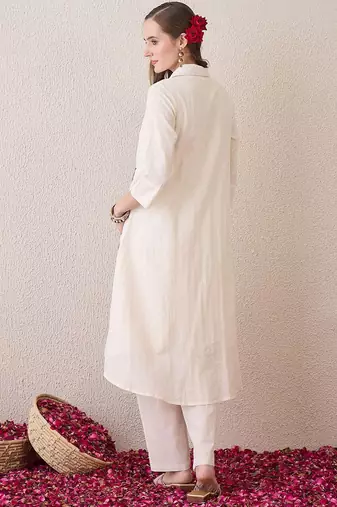 Floral Embroidered Shirt Collar Thread Work Pure Cotton A-Line Kurta With Trouser