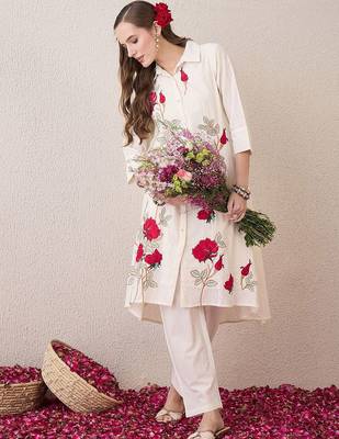 Floral Embroidered Shirt Collar Thread Work Pure Cotton A-Line Kurta With Trouser 6