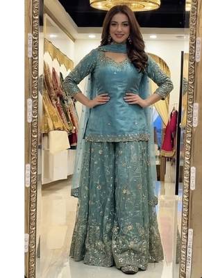 Aqua blue embroidery Blend Tissue sharara  1