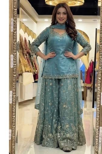 Aqua blue embroidery Blend Tissue sharara 