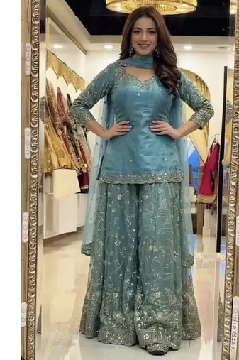 Aqua blue embroidery Blend Tissue sharara 