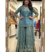 Aqua blue embroidery Blend Tissue sharara 