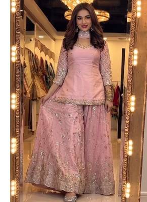 Baby pink embroidery Blend Tissue sharara  1